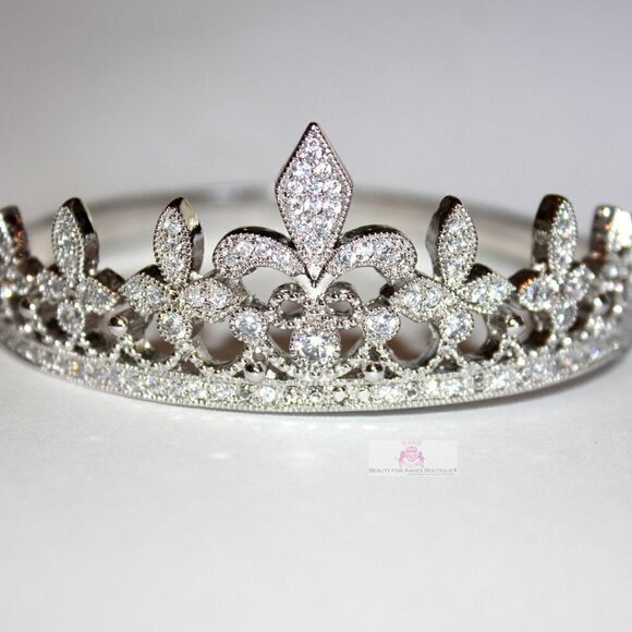 Clear Pave Cubic Zirconia Fleur-de-Lis Princess Crown Hinged Cuff Bracelet 7.5" - Picture 3 of 12